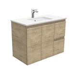 Fienza Crystal Pure Undermount Stone Top, Edge Scandi Oak 900mm (Right Drawers) Wall Hung Vanity Unit SC90SR