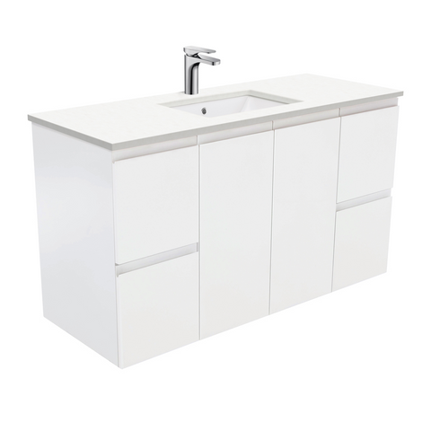 Fienza Crystal Pure Undermount Stone Top, Fingerpull 1200mm Wall Hung Vanity Unit Satin White SC120Z