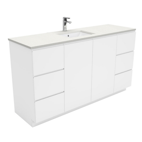 Fienza Crystal Pure Undermount Stone Top, Fingerpull 1500mm (Single Basin) Vanity Unit with Kickboard Unit White SC150CS