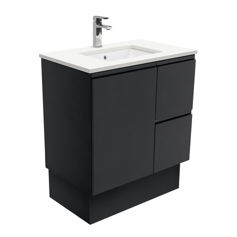Fienza Crystal Pure Undermount Stone Top, Fingerpull Satin Black 750mm (Right Drawers) Vanity Unit with Kickboard SC75ZBKR