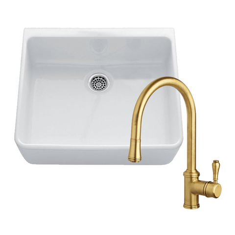 Abey Chambord Clotaire Package (Single Bowl Fireclay Sink 500x500x200mm White & Armando Vicario Provincial Single Lever Kitchen Mixer Bronze) CLOTAIRE-1WTBR