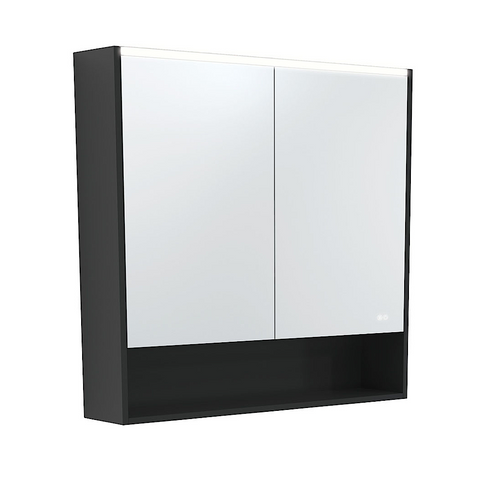 Fienza Mirror LED Cabinet 900mm with Undershelf Satin Black PSC900SB-LED