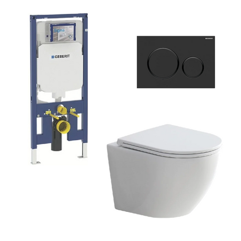 Geberit Toilet Package, Fienza Koko Wall Hung Matte White Pan, Sigma 8 Inwall Cistern With Sigma 20 Flush Plate Matte Black