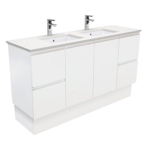 Fienza Crystal Pure Undermount Stone Top, Fingerpull 1500mm (Double Basin) Vanity Unit with Kickboard Satin White SC150ZKD