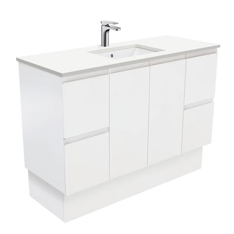 Fienza Crystal Pure Undermount Stone Top, Fingerpull 1200mm Vanity Unit with Kickboard Satin White SC120ZK