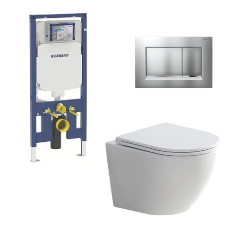 Geberit Toilet Package, Fienza Koko Wall Hung Matte White Pan, Sigma 8 Inwall Cistern With Sigma 30 Flush Plate Matte Chrome