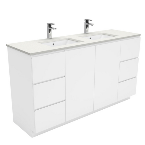 Fienza Crystal Pure Undermount Stone Top, Fingerpull 1500mm (Double Basin) Vanity Unit with Kickboard White SC150CD