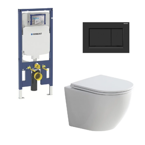 Geberit Toilet Package, Fienza Koko Wall Hung Matte White Pan, Sigma 8 Inwall Cistern With Sigma 30 Flush Plate Matte Black