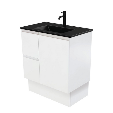 Fienza Dolce Matte Black Fingerpull Satin White 750mm Vanity on Kickboard (Left Drawers) TCLB75ZKL