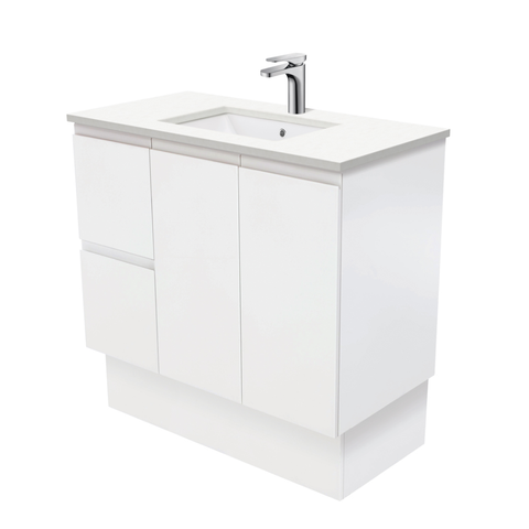 Fienza Crystal Pure Undermount Stone Top, Fingerpull 900mm (Left Drawers) Vanity Unit with Kickboard Satin White SC90ZKL