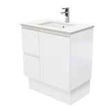 Fienza Crystal Pure Undermount Stone Top, Fingerpull 750mm (Left Drawers) Vanity Unit with Kickboard Satin White SC75ZKL