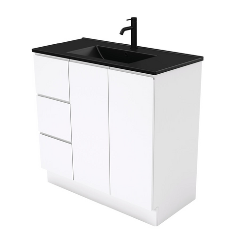 Fienza Dolce Matte Black Fingerpull Gloss White 900mm Vanity on Kickboard (Left Drawers) TCLB90CL