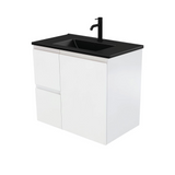 Fienza Dolce Matte Black Fingerpull Satin White 750mm Vanity Wall Hung (Left Drawers) TCLB75ZL