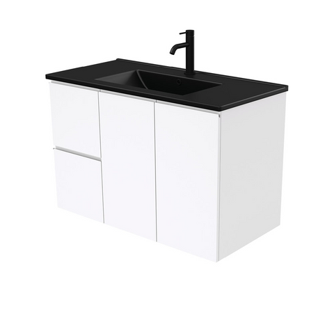 Fienza Dolce Matte Black Fingerpull Gloss White 900mm Vanity Wall Hung (Left Drawers) TCLB90FL