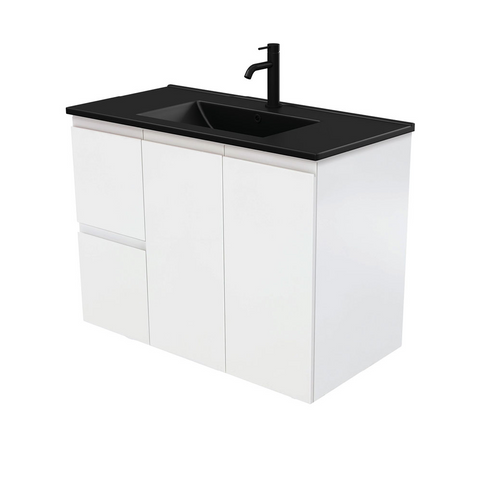 Fienza Dolce Matte Black Fingerpull Satin White 900mm Vanity Wall Hung (Left Drawers) TCLB90ZL