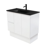 Fienza Dolce Matte Black Fingerpull Satin White 900mm Vanity on Kickboard (Left Drawers) TCLB90ZKL