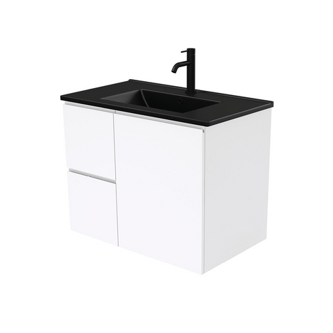 Fienza Dolce Matte Black Fingerpull Gloss White 750mm Vanity Wall Hung (Left Drawers) TCLB75FL