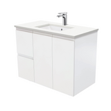 Fienza Crystal Pure Undermount Stone Top, Fingerpull 900mm (Left Drawers) Wall Hung Vanity Unit White SC90FL