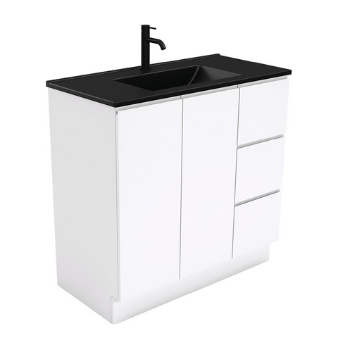 Fienza Dolce Matte Black Fingerpull Gloss White 900mm Vanity on Kickboard (Right Drawers) TCLB90CR