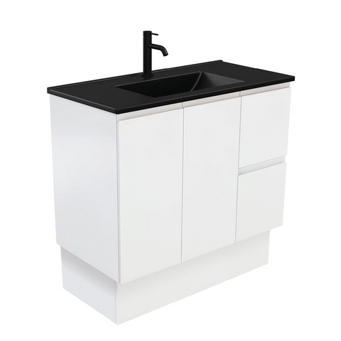 Fienza Dolce Matte Black Fingerpull Satin White 900mm Vanity on Kickboard (Right Drawers) TCLB90ZKR