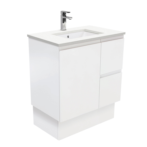 Fienza Crystal Pure Undermount Stone Top, Fingerpull 750mm (Right Drawers) Vanity Unit with Kickboard Satin White SC75ZKR