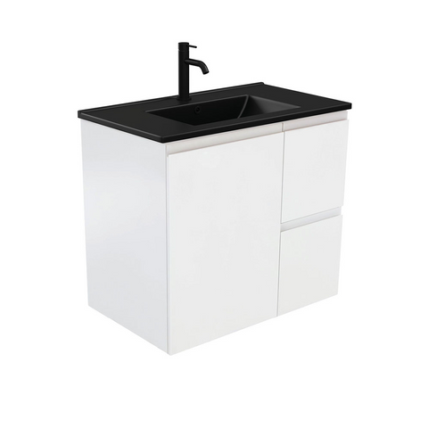 Fienza Dolce Matte Black Fingerpull Satin White 750mm Vanity Wall Hung (Right Drawers) TCLB75ZR