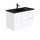 Fienza Dolce Matte Black Fingerpull Gloss White 900mm Vanity Wall Hung (Right Drawers) TCLB90FR