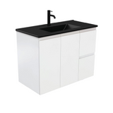 Fienza Dolce Matte Black Fingerpull Satin White 900mm Vanity Wall Hung (Right Drawers) TCLB90ZR