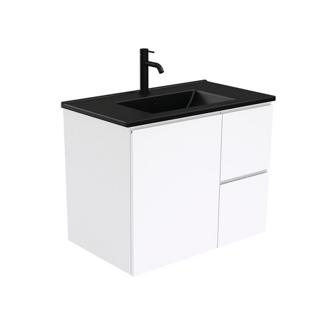 Fienza Dolce Matte Black Fingerpull Gloss White 750mm Vanity Wall Hung (Right Drawers) TCLB75FR