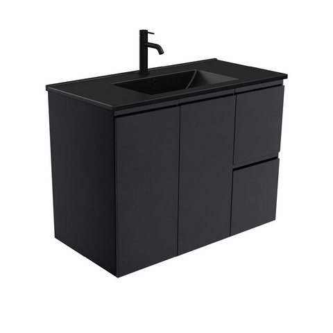 Fienza Dolce Matte Black Satin 900mm Vanity Wall Hung (Right Drawers) TCLB90ZBR