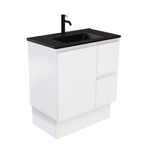 Fienza Dolce Matte Black Fingerpull Satin White 750mm Vanity on Kickboard (Right Drawers) TCLB75ZKR