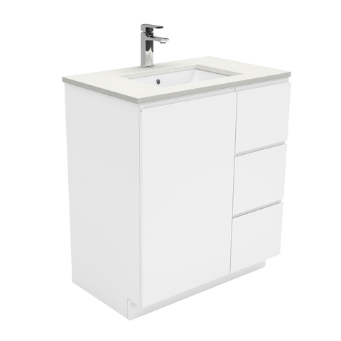 Fienza Crystal Pure Undermount Stone Top, Fingerpull 750mm (Right Drawers) Vanity Unit with Kickboard White SC75CR