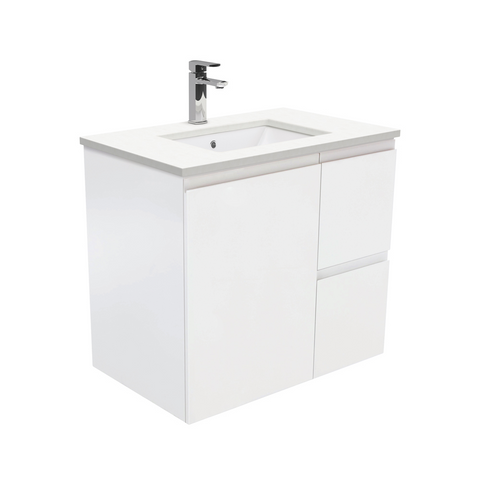 Fienza Crystal Pure Undermount Stone Top, Fingerpull 750mm (Right Drawers) Wall Hung Vanity Unit Satin White SC75ZR