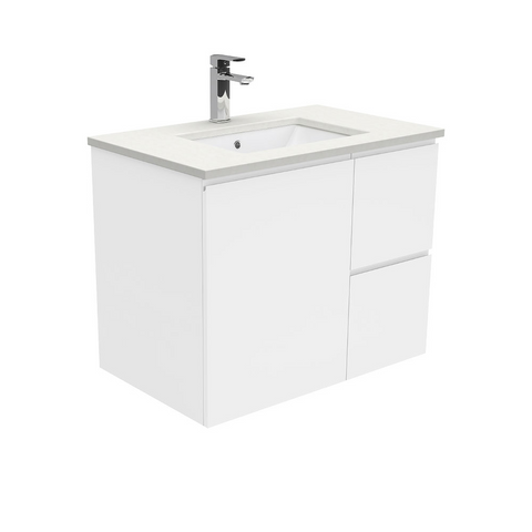 Fienza Crystal Pure Undermount Stone Top, Fingerpull 750mm (Right Drawers) Wall Hung Vanity Unit White SC75FR