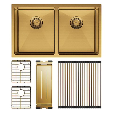 Fienza Hana Double Kitchen 27L Sink Kit PVD Rugged Brass 68403RB-KIT
