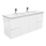 Fienza Crystal Pure Undermount Stone Top, Fingerupll 1500mm (Double Basin) Wall Hung Vanity Unit Satin White SC150ZD