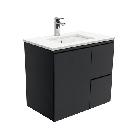 Fienza Crystal Pure Undermount Stone Top, Fingerpull Satin Black 750mm (Right Drawers) Wall Hung Vanity Unit SC75ZBR