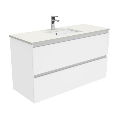 Fienza Crystal Pure Undermount Stone Top, Quest 1200mm Wall Hung Vanity Unit White SC120Q