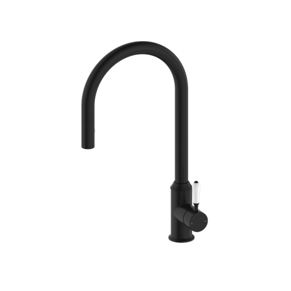 Nero York Pull Out Sink Mixer with Vegie Spray Function with White Porcelain Lever Matte Black NR69210801MB