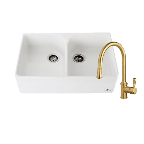 Abey Chambord Clotaire Package (Double Bowl Fireclay Sink 800x500x220mm White & Armando Vicario Provincial Pullout Kitchen Mixer Bronze) CLOTAIRE-2WTBR