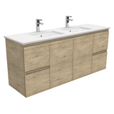 Fienza Crystal Pure Undermount Stone Top, Edge Scandi Oak 1500mm (Double Basin) Wall Hung Vanity Unit SC150SD