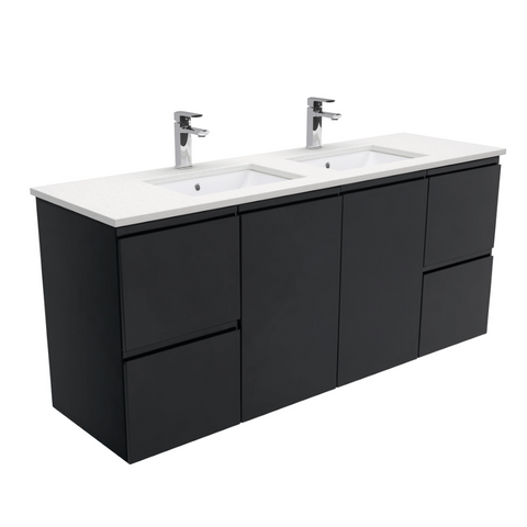 Fienza Crystal Pure Undermount Stone Top, Fingerpull Satin Black 1500mm (Double Basin) Wall Hung Vanity Unit SC150ZBD