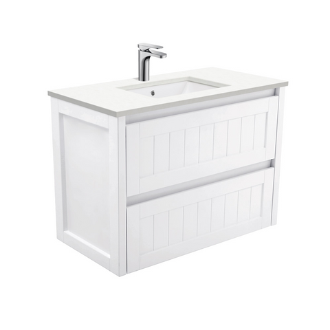 Fienza Crystal Pure Undermount Stone Top, Hampton 900mm Wall Hung Vanity Unit White SC90T