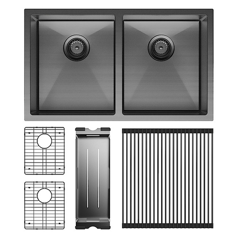 Fienza Hana Double Kitchen 27L Sink Kit PVD Carbon Metal 68403CM-KIT
