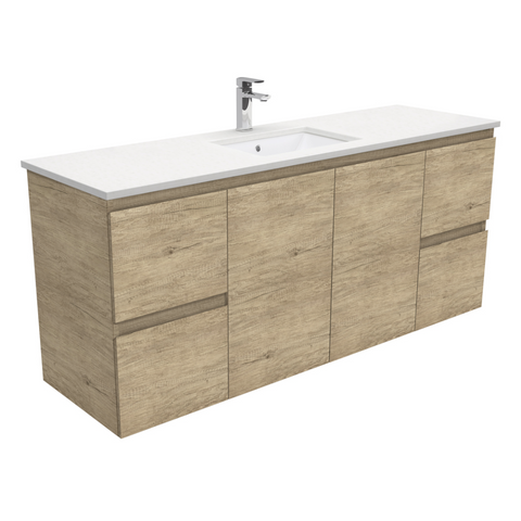 Fienza Crystal Pure Undermount Stone Top, Edge Scandi Oak 1500mm (Single Basin) Wall Hung Vanity Unit SC150SS