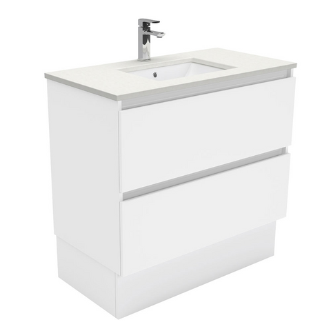 Fienza Crystal Pure Undermount Stone Top, Quest 900mm Vanity Unit with Kickboard White SC90QK