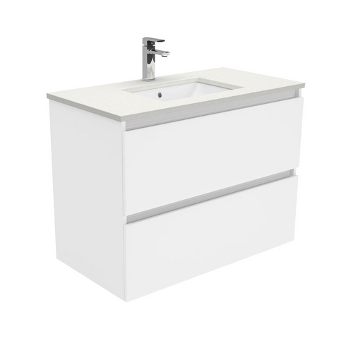 Fienza Crystal Pure Undermount Stone Top, Quest 900mm Wall Hung Vanity Unit White SC90Q