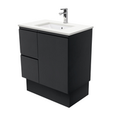 Fienza Crystal Pure Undermount Stone Top, Fingerpull Satin Black 750mm (Left Drawers) Vanity Unit with Kickboard SC75ZBKL