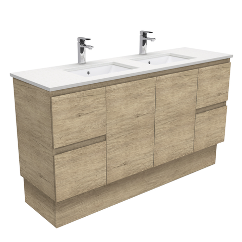 Fienza Crystal Pure Undermount Stone Top, Edge Scandi Oak 1500mm (Double Basin) Vanity Unit with Kickboard SC150SKD