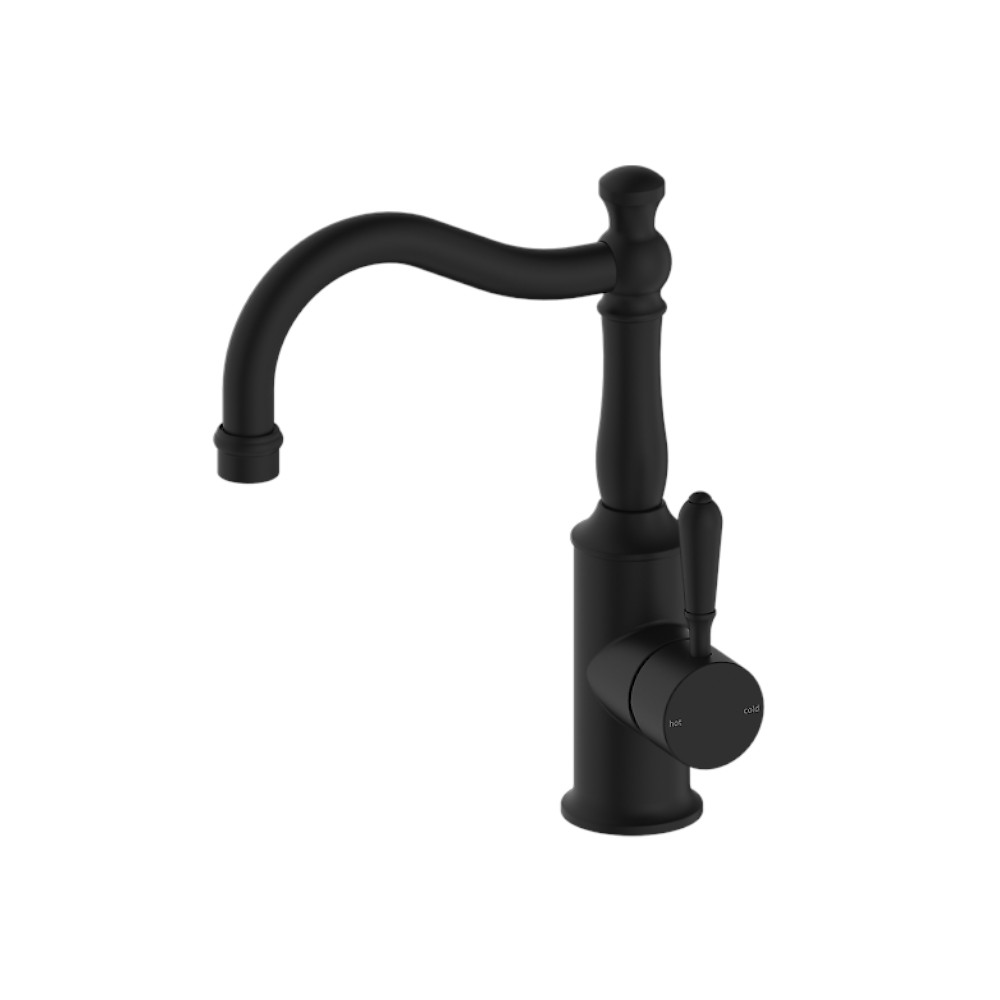 Nero York Basin Mixer Hook Spout With Metal Lever Matte Black NR69210202MB